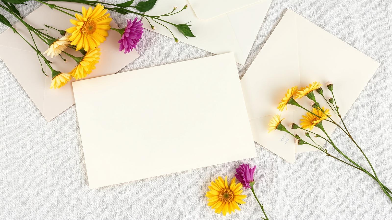 Elegant bröllopsinbjudan med datum, vigselplats och OSA bredvid kuvert och sommarblommor