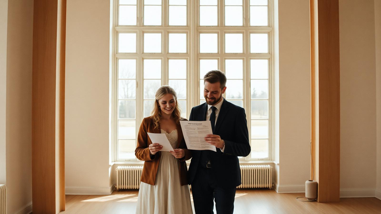Par besöker en ljus bröllopslokal och går igenom en checklista inför bokning.