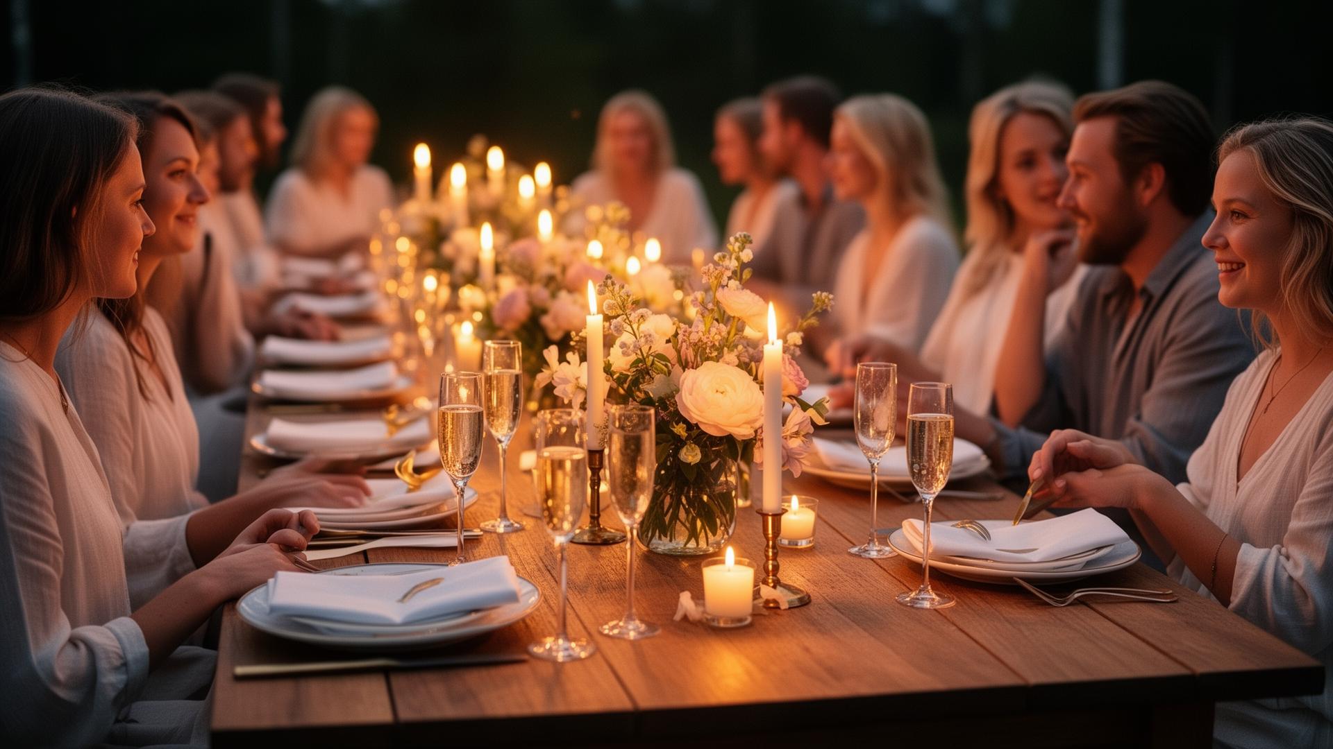 Intim förlovningsmiddag med levande ljus, champagneglas och varma samtal runt ett vackert dukat bord