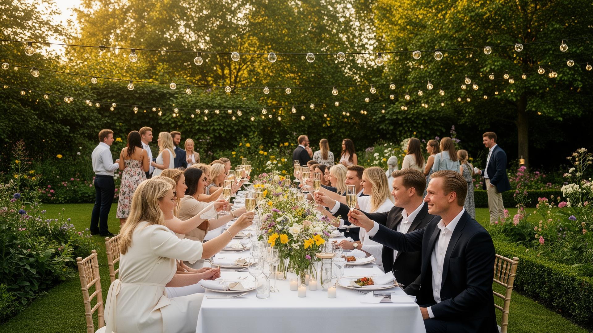 Elegant trädgårdsförlovningsfest med långbord, fairy lights och champagneskål i sommarträdgård