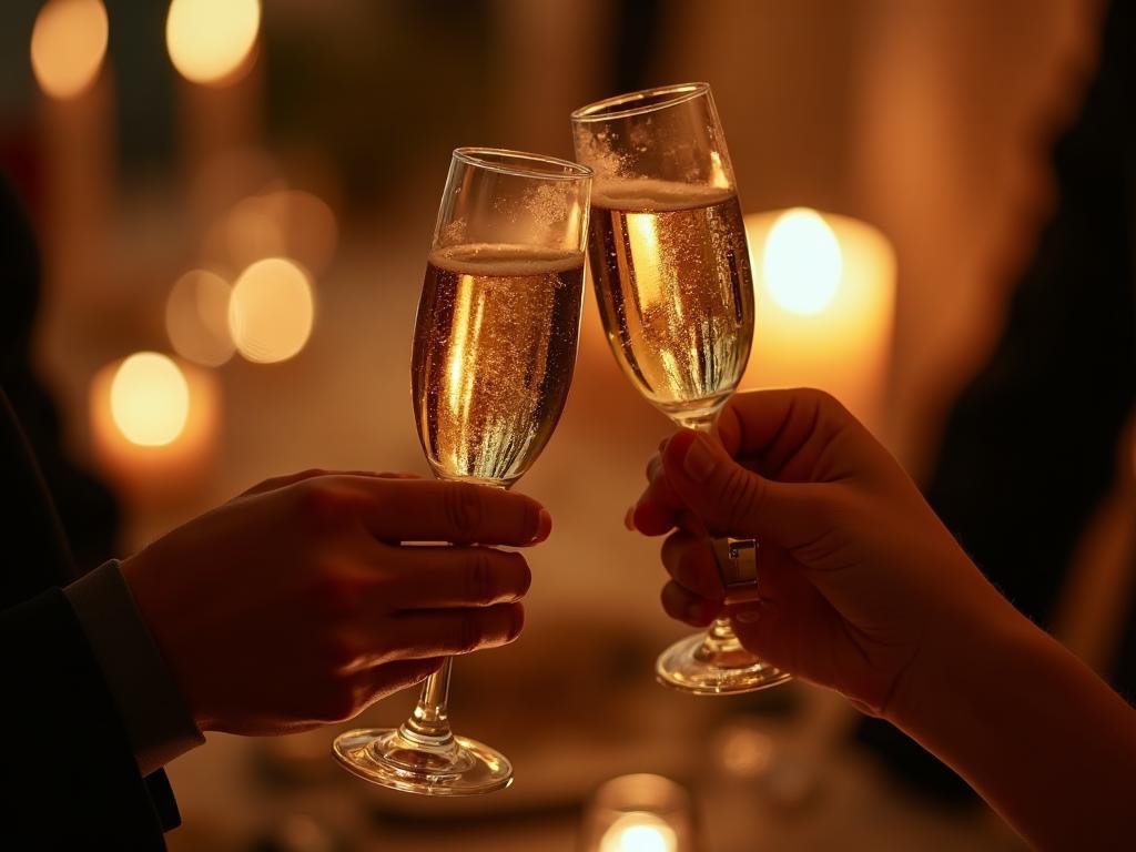 Champagneskål vid förlovningsfest med levande ljus i bakgrunden