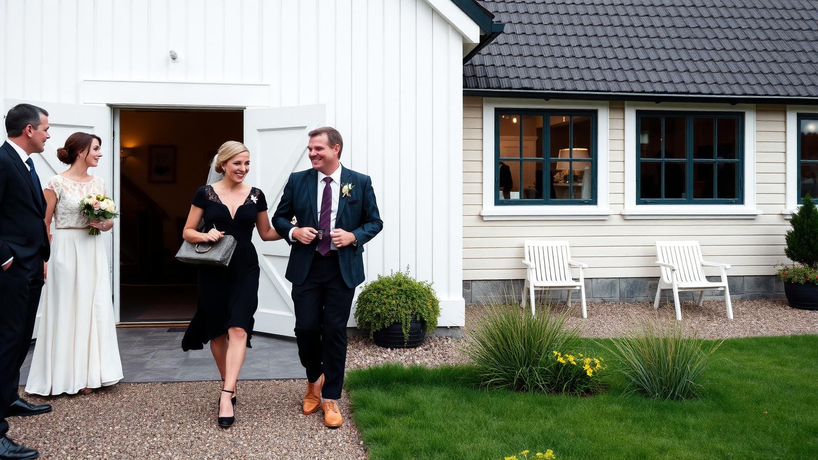 Bröllopsgäst anländer tillsammans med en partner som brudparet träffar för första gången