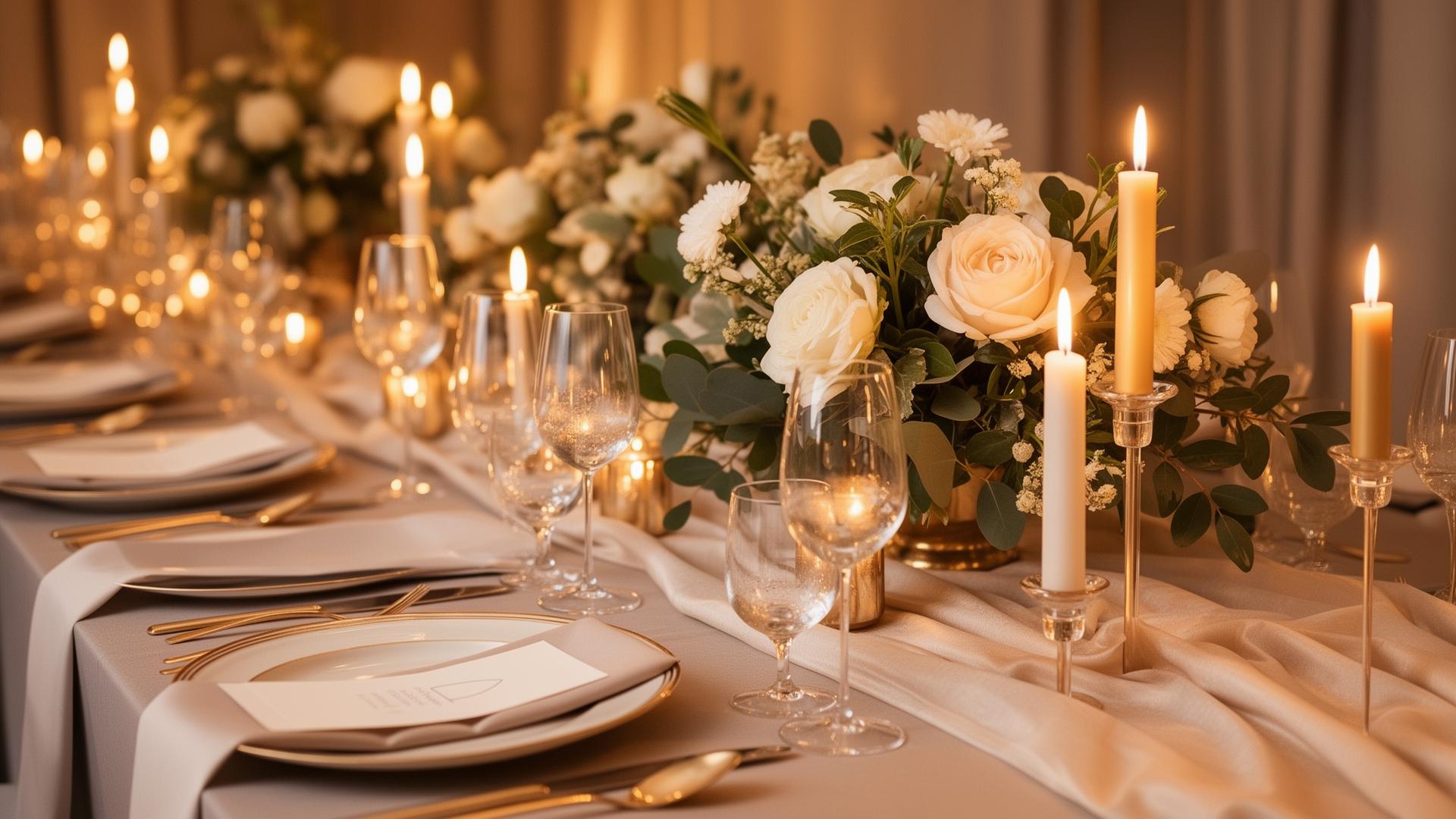 Dukat långbord med levande ljus och blomsterarrangemang